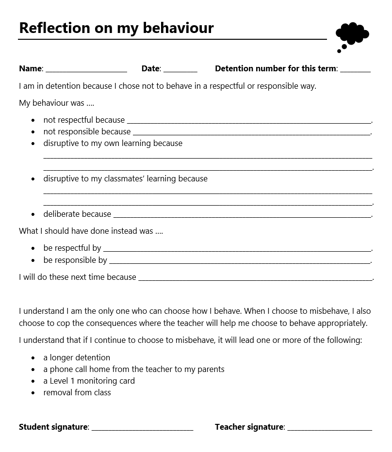 Behaviour reflection worksheet