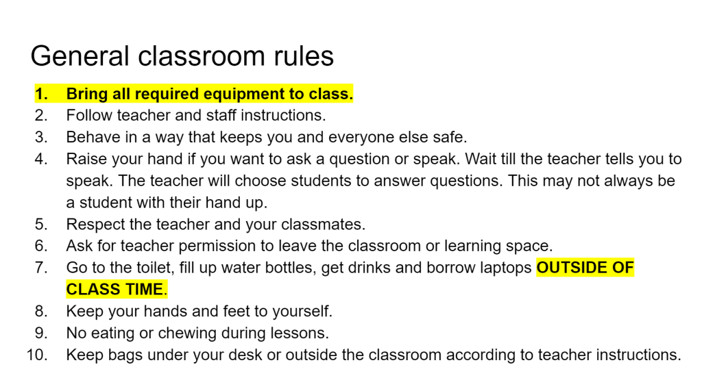 Text describing general classroom rules.