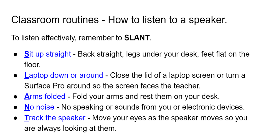 Explanation of using the acronym SLANT for listening to a speaker
